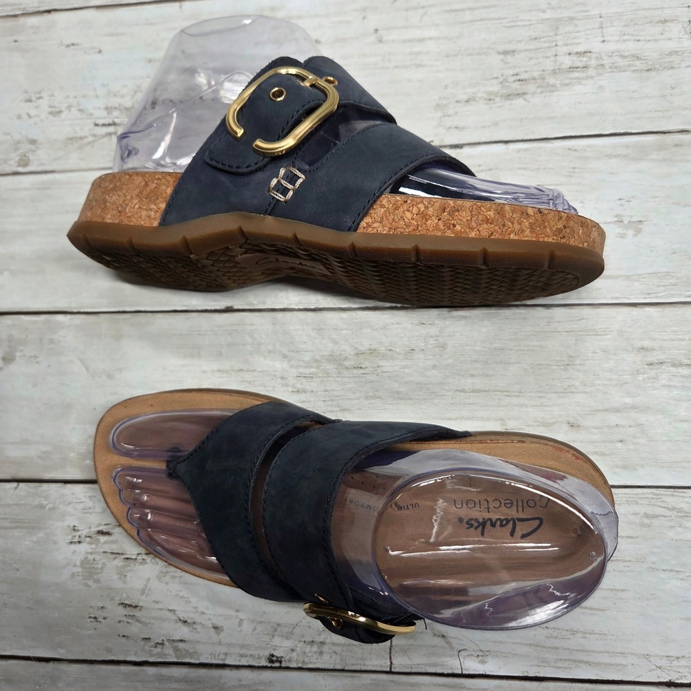 Clarks Brinkley Flora Thong Wedge Sandals Womens 6.5 Navy Blue Nubuck Cork Gold